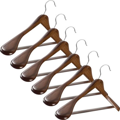 Lot de 6 cintres en bois, épaules larges 6,3 cm, crochet rotatif 360 degrés, barre antidérapante, pour costumes et pantalons (1/5)