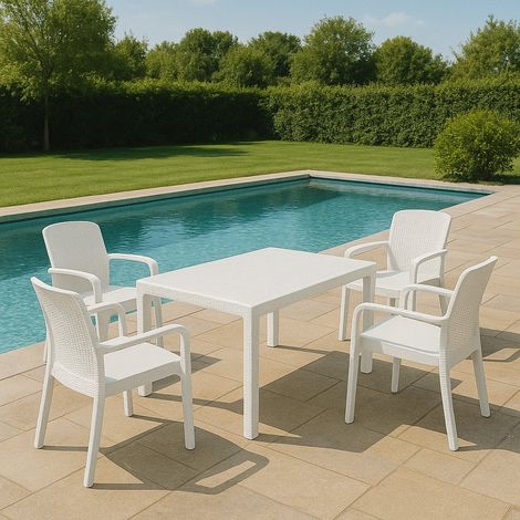 Dmora - Conjunto de salón para exterior Tarquinia, conjunto para exterior e interior, mesa rectangular fija con 4 sillas, fabricado en Italia, color blanco (1/3)