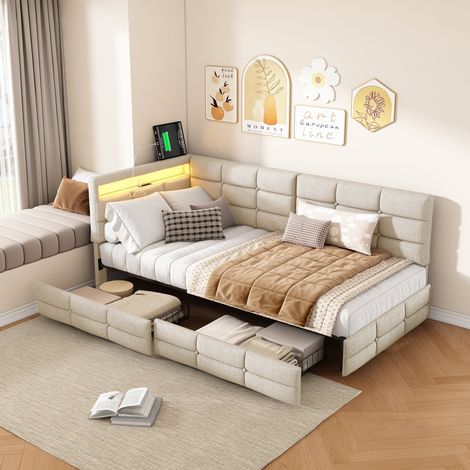 Lit capitonné canapé 90x200 cm,lit 1 place avec 2 tiroirs,Multiprise,LED et port USB,lit rembourré avec sommier à lattes,lin,beige (1/5)