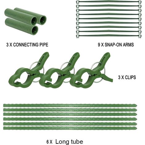 Kit tuteur jardin empilable combinable pour plantes grimpantes et soutien de tiges, PP, 45x30 cm, 6 tiges 45 cm, 9 bras clipsables, 3 tuyaux, 3 pinces (1/3)