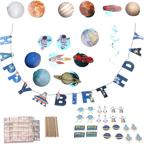 Space Birthday Flag Astronaut Planet Spiral Banner Suit for Party Decorations Cake Insert (1/5)