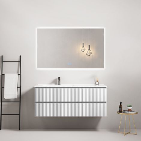 Mobile bagno sospeso cannettato 120 cm Bianco Lavabo a Sinistra in Ceramica Specchio Quadro Retroilluminato - Fiji Paint (1/4)