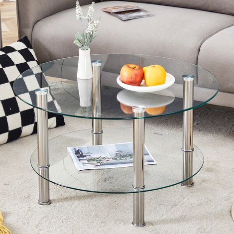 table basse 2 niveaux verre trempé métal argenté OKMYHOME (1/5)
