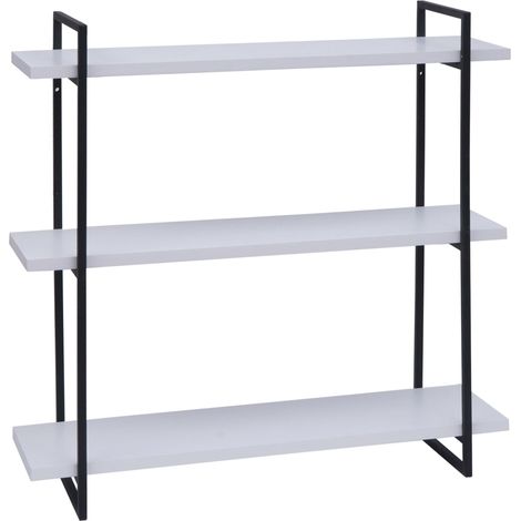 Wandregal HHG-631, Hängeregal Schweberegal, 3 Regalböden Metall Massiv-Holz Industrial 60x60x18cm weiß, Metall schwarz