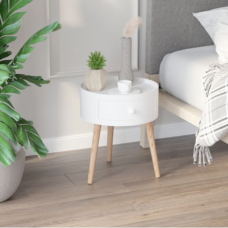 Mesita auxiliar redonda 38x38x45 cm blanca madera, cajón discreto y estilo escandinavo atemporal (1/5)