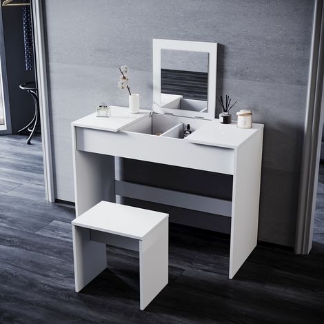 SONNI Schminktisch Kosmetiktisch mit Hocker und Klappspiegel 100x45x76cm Moderner Schminktisch weiß mit versteckten Schubladen Hochglanz Tischplatte (1/5)