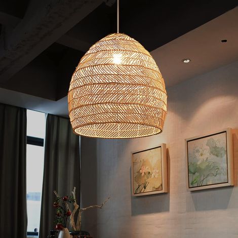 Lampadario in rattan in stile vintage, paralume E27, 40 x 40 cm, per sala da pranzo, bar, ristorante (1/5)