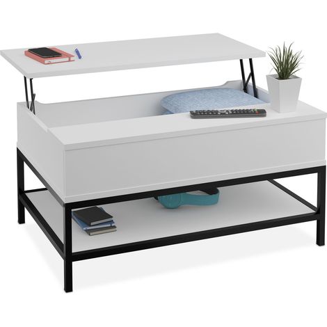 Relaxdays Coffee Table, Lift Function, HWD: 45.5 x 90 x 60 cm, Living Room Desk with Storage Space, Modern, Shelf, White