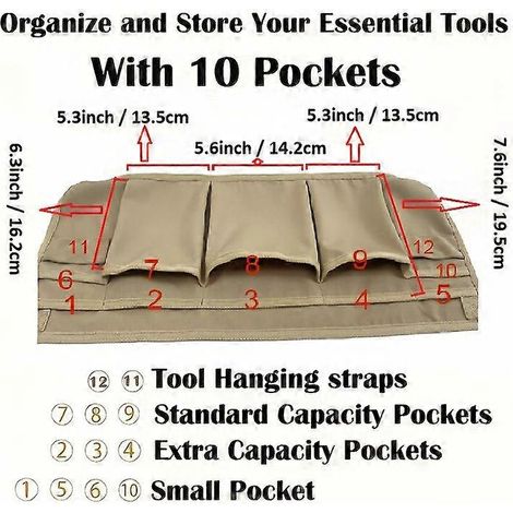Tablier de rangement pour outils avec 10 poches et passants pour marteau, taille élastique ajustable, kaki, 23 x 62 cm, pour le jardinage, le travail du bois et la plomberie. (1/5)