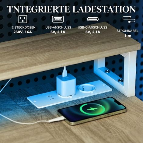 Bureau d'angle gaming avec lumière LED RGB, multiprises intégrées, support moniteur, 2 tiroirs, poste de travail informatique ergonomique. (1/5)