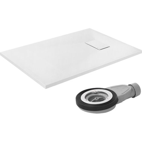 LuxeBath Duschwanne 100x70 cm Weiß mit Ablaufgarnitur, Extra flache und robuste SMC Duschtasse, Rechteckige Brausewanne H:30 mm, Design Brausetasse Anti-Rutsch-Oberfläche in Schieferoptik mit Siphon (1/5)