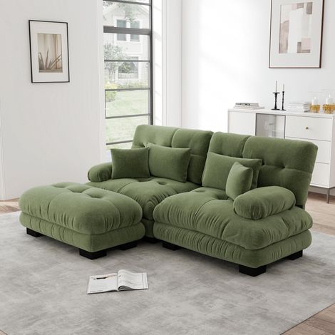 Canapé d'angle nuage pour salon, canapé deux places en chenille verte avec 2 coussins lombaires et 2 coussins décoratifs, canapé capitonné avec larges accoudoirs et pouf. (1/5)