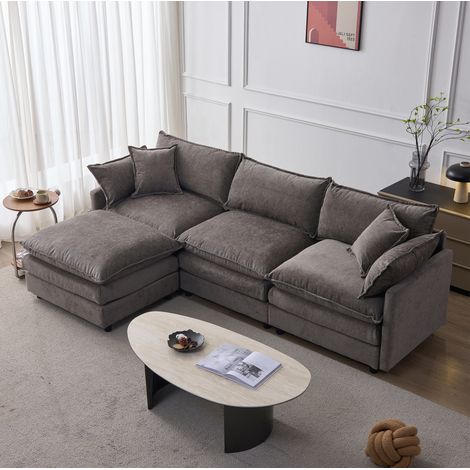 Divano angolare modulare 3 posti in ciniglia grigio con pouf, 267 x 154 x 85 cm OKMYHOME (1/5)