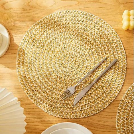 Lot de 6 sets de table jaune et blanc, ronds tressés, antidérapants, 38 cm. (1/5)