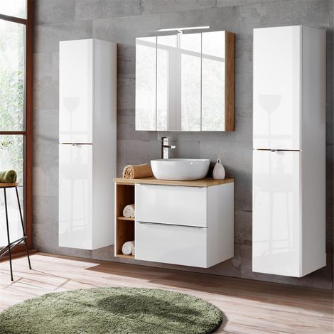 Badezimmermöbel Set mit LED-Spiegelschrank TOSKANA-56 weiß Hochglanz, Wotaneiche BxHxT ca.B/H/T: 190/200/46cm (1/5)
