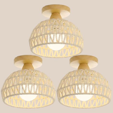 E27 Plafonnier Vintage Lampe de Plafond Bois Corde de Chanvre Suspension Luminaire Intérieur Couleur Blanc Ø20CM - 3Pcs (1/5)