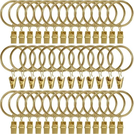 Lot de 40 anneaux de rideau en métal avec clips, crochets pour rideaux, crochets décoratifs pour tringle à rideau, illets de 3,8 cm de diamètre intérieur, placage antirouille couleur or (1/5)