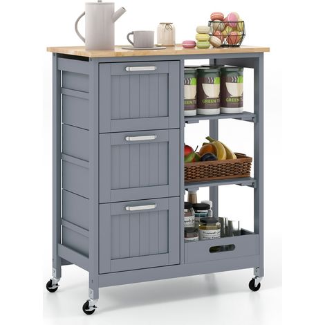 Isola cucina con ruote bloccabili piano in legno di gomma e 2 ripiani rimovibili Carrello multiuso Grigio (1/4)