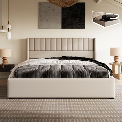 Lit coffre 160x200 cm, tissu lin, lit double acve rangement hydraulique, tête de lit rayée, sommier à lattes, adapté aux adultes et adolescents - Beige (1/5)