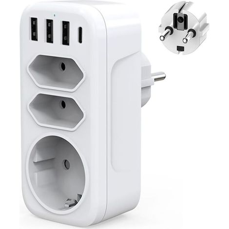 Multiprise Murale USB C Adaptateur Prise Electrique 4000W Chargeur USB Multiple avec 3USB + Type c, 1 Prise Schuko et 2 Prises Euro pour Maison,Cuisine et Bureau (1/5)