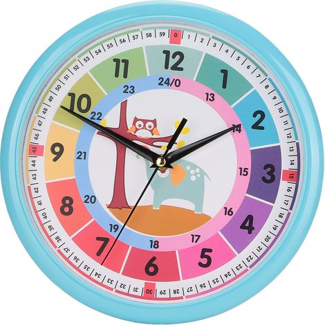 Horloge Murale Enfant - Pendule Colorée en Plastique avec Design Cartoon pour Chambre ou Salle de Classe - Mécanisme Quartz Bleu