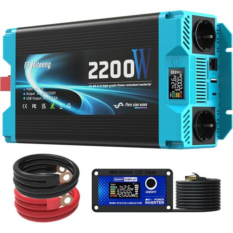 Convertisseur 2200W 12V 220V Pur Sinus  Onduleur Transformateur avec LCD Télécommande, 2 Prises UE, USB-A, Type-C, Matériau ignifuge conforme UL 94 V-0 (1/5)