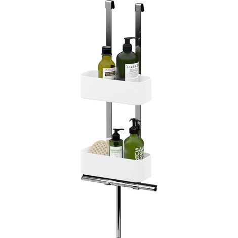 Etagère de Douche, avec 2 Niveaux, Etagère Douche à Suspendre sans perçage, pour Cabine de Douche, avec Crochet pour raclette de vitre, Blanc, 25 x 65 x 13 cm (1/5)