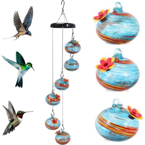 Bezaubernde Windspiele und Kolibri-Futterhäuschen für den Außenbereich, hängend, ameisen- und bienensicher, mundgeblasenes Glas, perfekte Dekoration für Terrassen, Gärten und Hinterhöfe