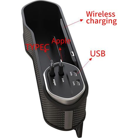 Organisateur de siège auto (style avancé) avec porte-gobelet, poche latérale pour console centrale et chargement sans fil, USB-C et Lightning. (1/5)