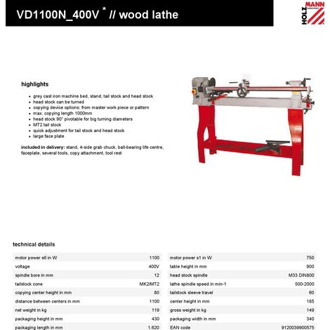 Tornio per legno 750w 1000mm ø 370mm Holzmann vd1100n 400v (1/5)