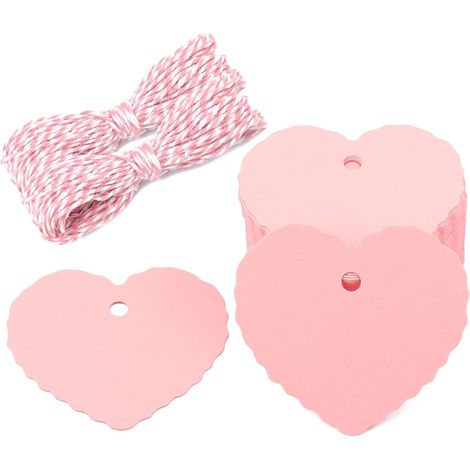 100 etichette regalo rosa a forma di cuore con cordino, 2,35 x 2,16 pollici, etichette vuote da appendere per incartare i regali, etichette nominative per San Valentino, matrimoni e regali per feste. (1/5)