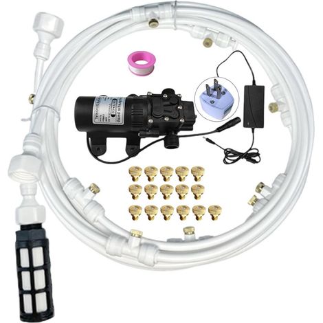 Brumisateur jardin 12V – 12m ligne + 16 buses laiton – refroidissement terrasse et jardin – irrigation réglable – système anti-chaleur – Blanc (1/5)