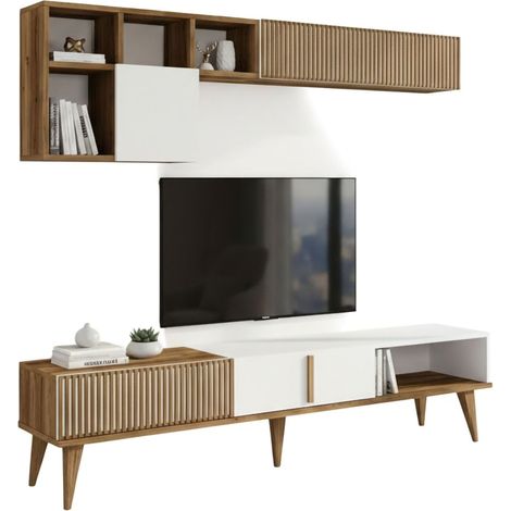 Dmora - Wohnzimmermöbel Dmalavas, Modulares Wohnzimmerset, Mehrzweck-Wohnzimmermöbel, Moderner TV-Schrank, 180x35h40 cm, Walnuss und Weiß