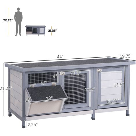 Clapier en bois gris avec toit étanche, cage intérieure/extérieure pour lapins, avec bac anti-fuite et mangeoire pour cochons d'Inde (1/5)