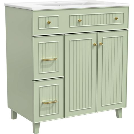 Meuble de salle de bain avec vasque 81.7cm - Meuble vasque sur pied avec vasque en céramique, surface laquée, espace de rangement multifonction et pieds en bois massif, design luxe moderne - Vert (1/5)