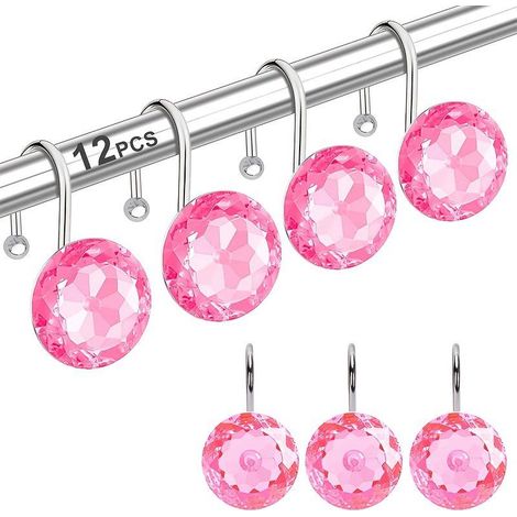 Lot de 12 Crochets de Rideau de Douche en Cristal Diamant Acrylique Rose - Crochets en Acier Inoxydable pour Salle de Bains, Décor de Douche et Rideaux (1/5)
