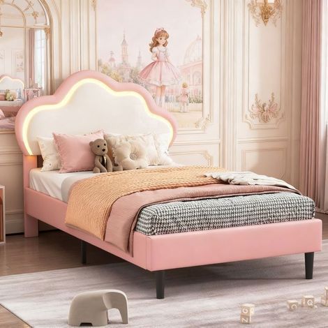Cama lit de 90x200 con cabecera nubes LED - similcuero, somier de lamas, marco de cama 90x200, rosa (1/5)