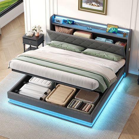 Upholstered Storage Bed with LED Headboard & Charging Station - Hydraulic Lift, USB/Type-C Ports, Concealed Storage, Grey Linen Fabric, No Mattress Included, 4ft6 Double