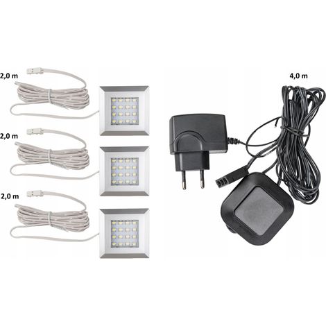 Illuminazione a LED quadrata, 3 punti, luce bianca fredda, con alimentatore per nicchie e armadietti