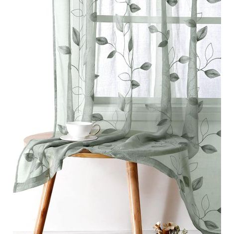 Rideaux voilages vert queue de souris - 132-88 x 213-36 cm (2 pièces) - Motif feuilles brodées - Voilages fins en lin artificiel à motifs floraux - Rideaux pour chambre ou salon (1/5)
