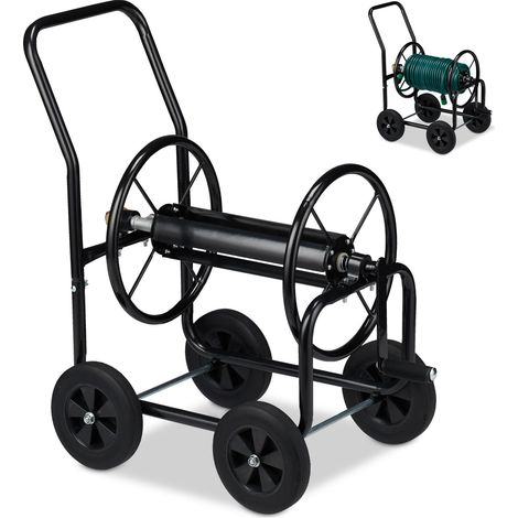 Relaxdays Carro para manguera, Enrollador XL, Cuatro ruedas de goma, Manivela, Para 60m, 81x48x80 cm, 1 Ud., Negro (1/5)
