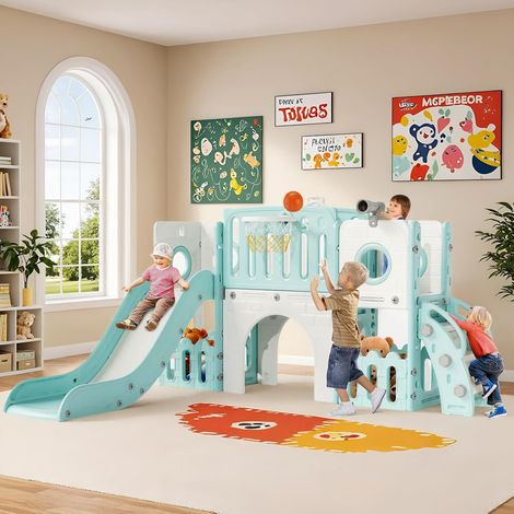9 in 1 Scivolo per Bambini, Scivolo Giocattolo da Interno o Esterno Canestri da Basket e Telescopi, Scivolo da Giardino Spazio di Deposito e Tunnel,2 anni e oltre,mit 2PCS Moduls,Verde e Bianco