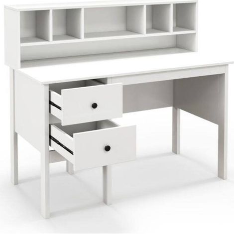 Montage facile, bureau informatique 120 cm blanc avec 2 tiroirs et surmeuble 5 cases (1/5)