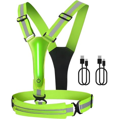 Gilet réfléchissant rechargeable - Gilet de course - Gilet de course avec lumière pectorale - Équipement de sécurité pour la course - Gilet de sport outdoor - Sangle élastique - Vert fluorescent (1/5)
