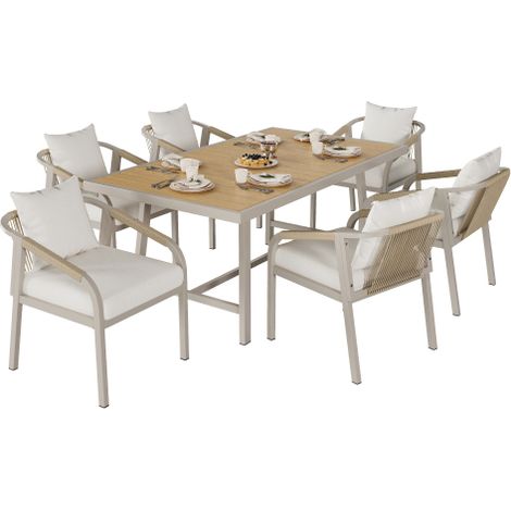 Salon de Jardin Ensemble Repas 6 Personnes 1 Table 6 Chaises Acier Galvanisé Bois Plastique Corde Tressée Khaki Beige (1/4)