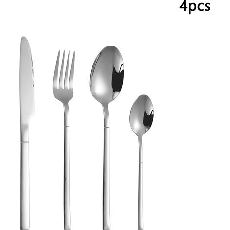 Ensemble de couverts en acier inoxydable (4 pièces argentées) : couteau à steak, fourchette, cuillère et cuillère à dessert de style hôtelier. (1/2)