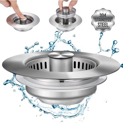Bouchon Evier Cuisine,avec crépine Anti-colmatage,Bouchon d'évier escamotable en Acier Inoxydable 304,crépine d'évier de Cuisine 3 en 1,Filtre Les résidus Alimentaires,évite Les odeurs (1) (1/5)