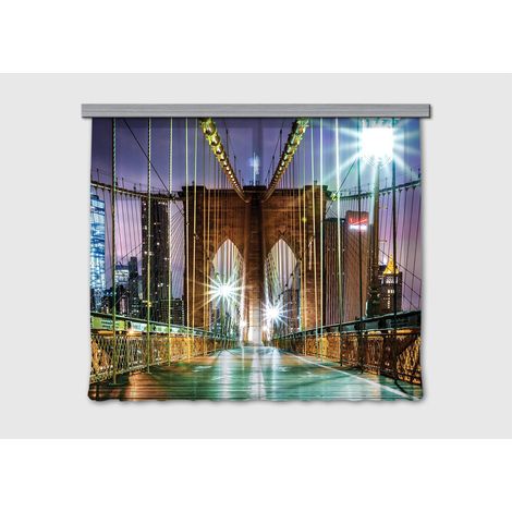 New York, rideau imprimés Pont de Brooklyn illuminé et multicolore 180x160 cm, 2 pièces (1/5)