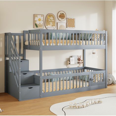 Kinder-Etagenbett 90x200 cm aus Holz, grau, mit Schubladen, platzsparend, ohne Matratzen – MEUBLIV (1/5)