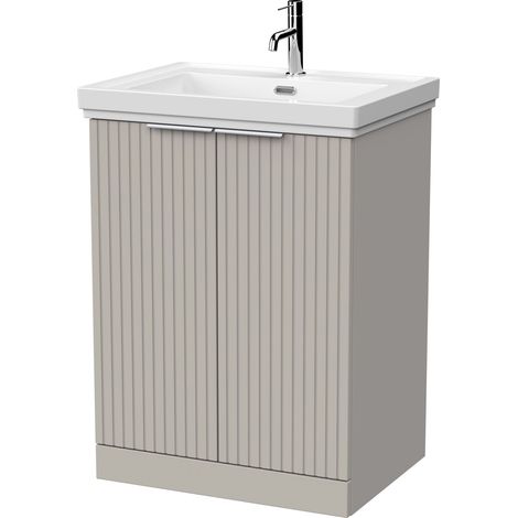 Callingwood Contemporary Floor Standing 2 Door Vanity Unit with Traditional 1 Tap Hole Fireclay Basin , 600mm, Pebble Grey